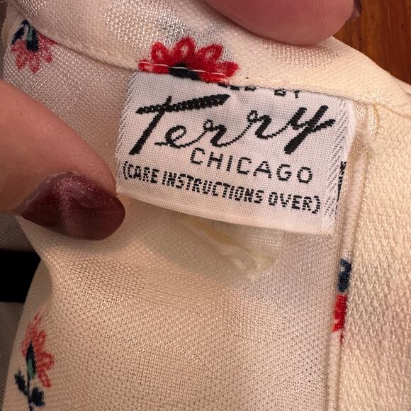 Vintage 1970s Terry Chicago Sleeveless Floral Polka Dot High Neck Blouse Small - Picture 9 of 11